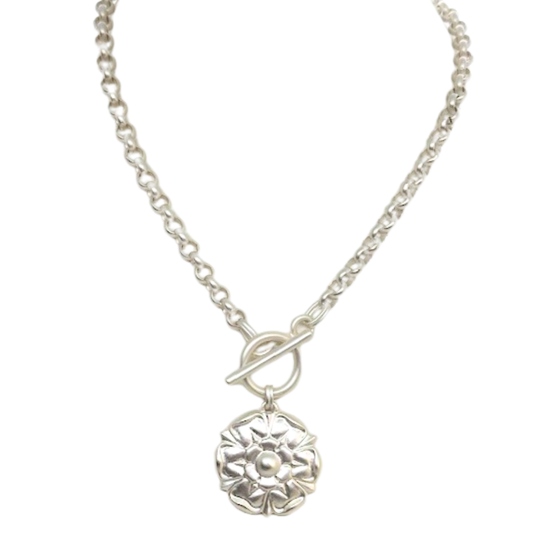 Matte Silver Flower Pendant On Rolo Chain
