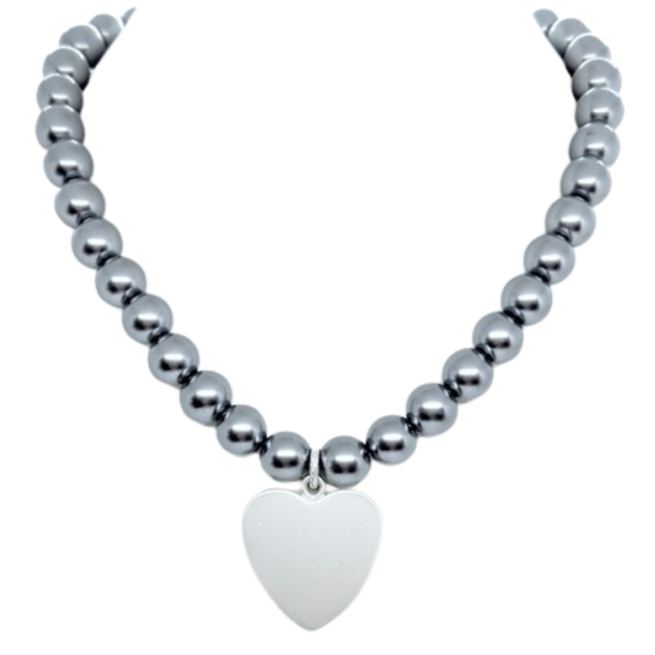 Grey Pearl Necklace With Matte Silver Heart