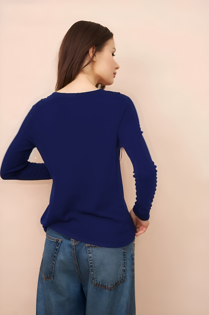 V Neck Long Sleeve Cashmere Shirt - Marine/Ecru