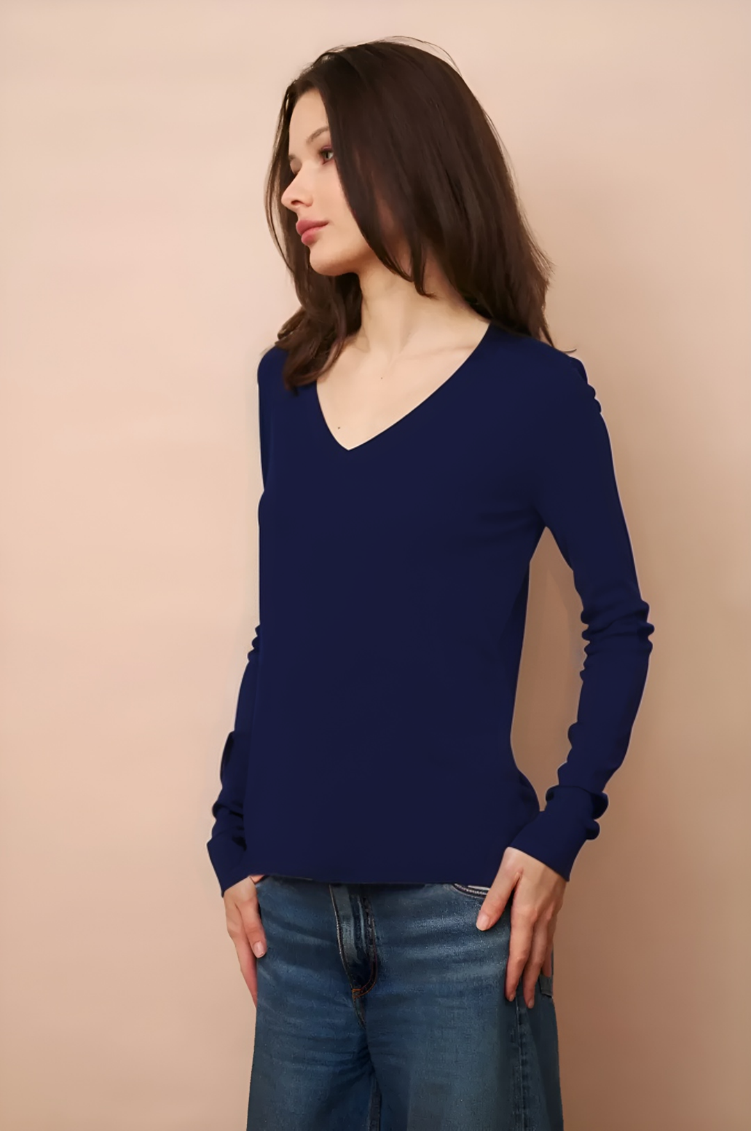 V Neck Long Sleeve Cashmere Shirt - Marine/Ecru