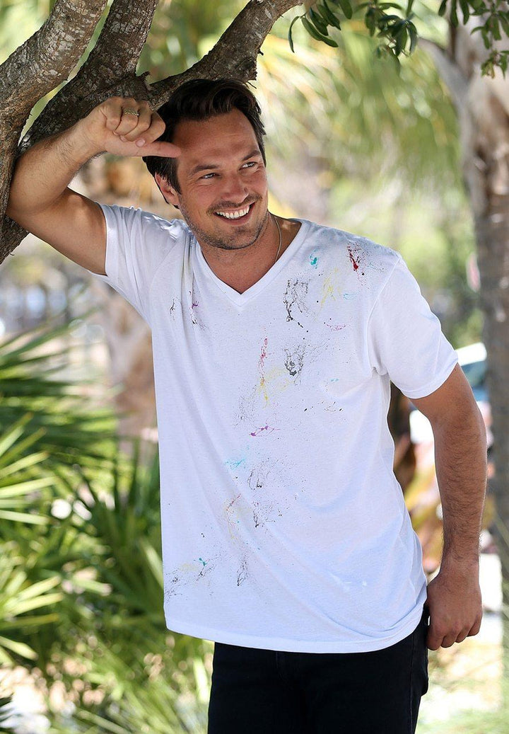 672VP Exclusive Hand Painted Mens V Neck Tee Shirt.  Black or White. - Marcello Sport