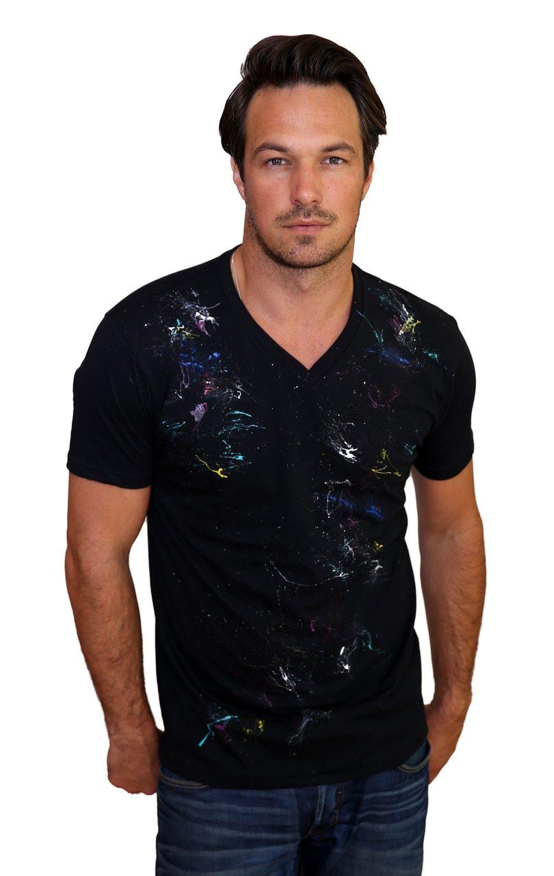 672VP Exclusive Hand Painted Mens V Neck Tee Shirt.  Black or White. - Marcello Sport