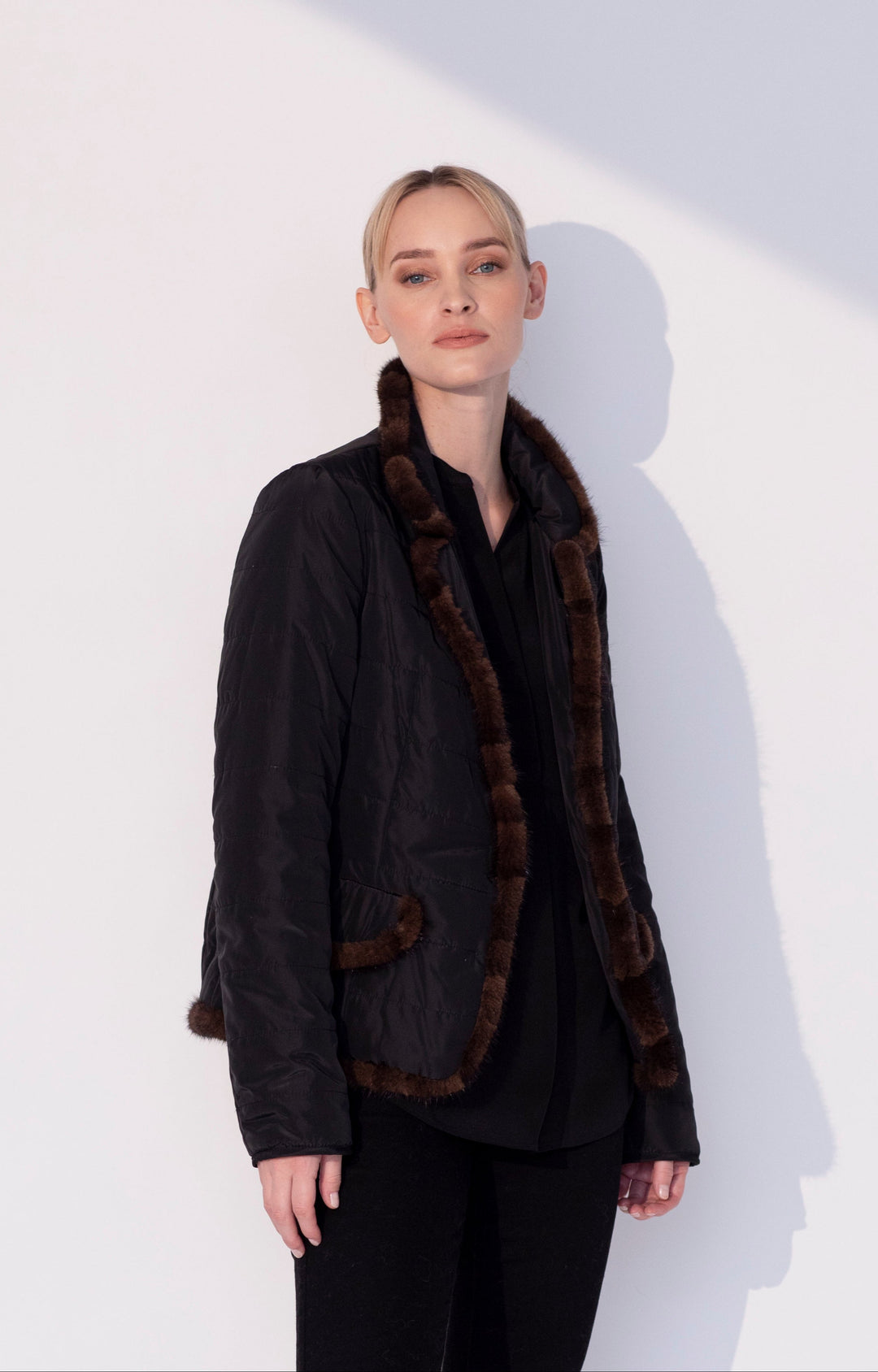 Quilted Jacket with Mink in Black/Brown