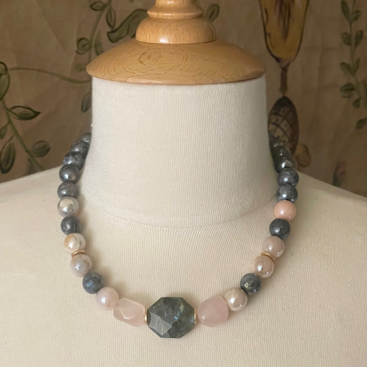 Labradorite, Natural Opal And Rose Quartz Necklace