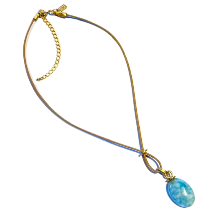 Natural Larimar With Criss Cross Design On Natural Linen Cord