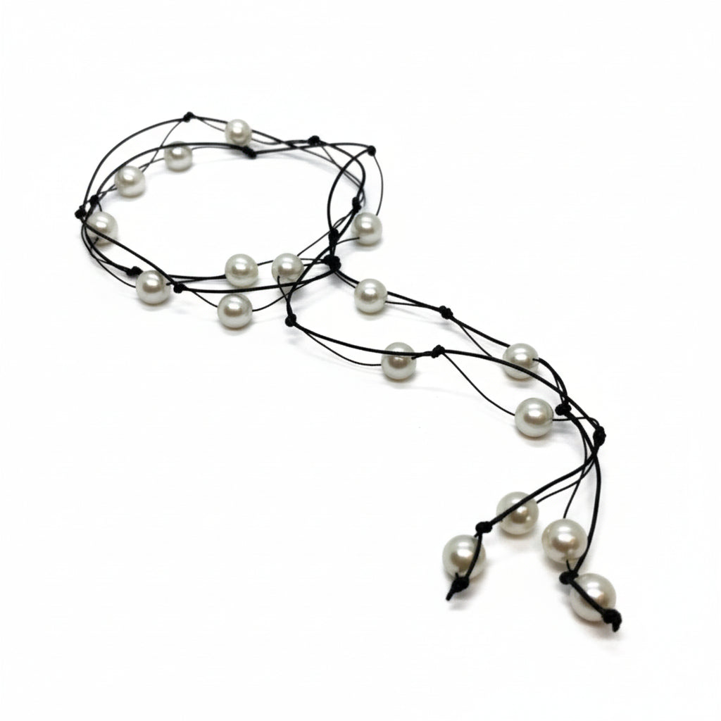 White Pearl Floating Lariat On Black