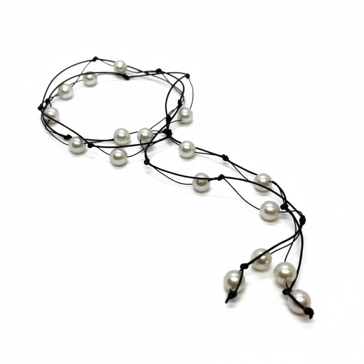 White Pearl Floating Lariat On Black