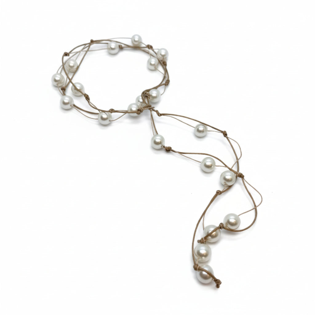 White Pearl Floating Lariat On Natural
