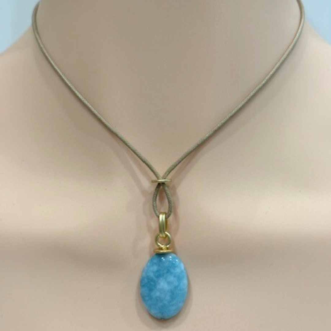 Natural Larimar With Criss Cross Design On Natural Linen Cord