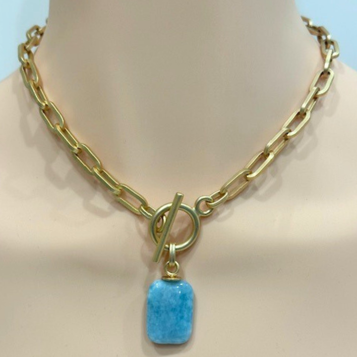 Rectangle Larimar Pendant on Matte Gold Paperclip Chain