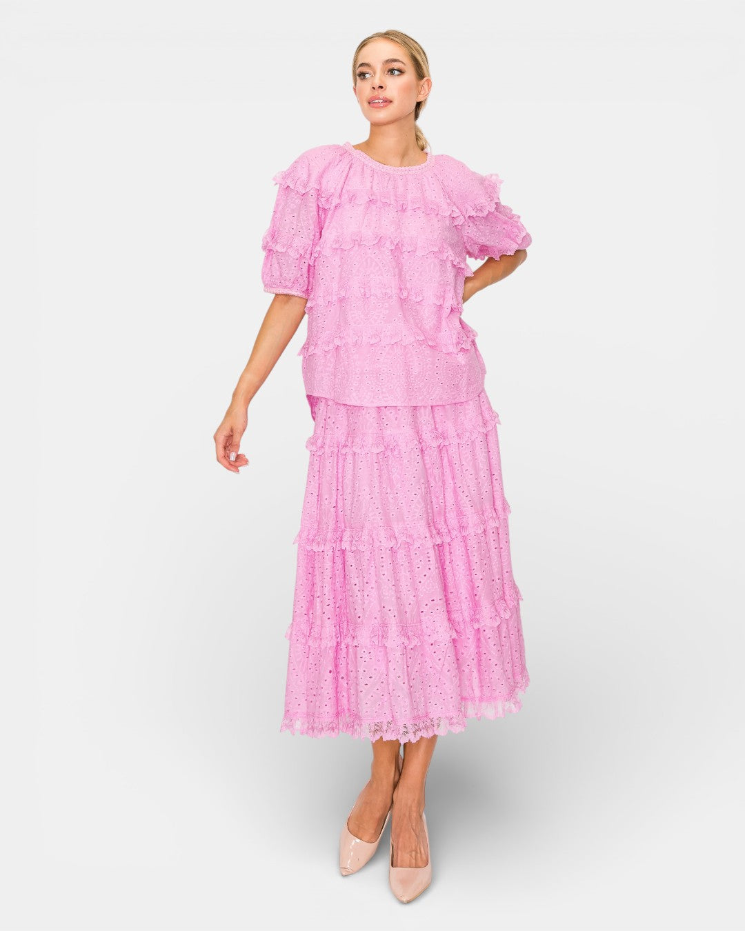 Laura Cotton Lace Eyelet Top Bubble Gum Pink / 33083LA / XS