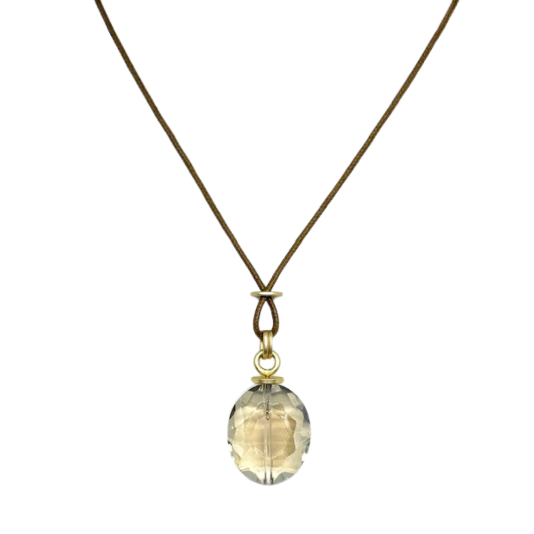 Large Champagne Oval Crystal on Bronze Linen Necklace