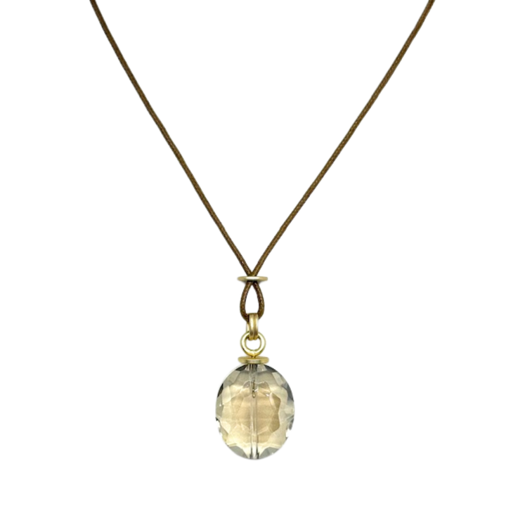 Large Champagne Oval Crystal on Bronze Linen Necklace