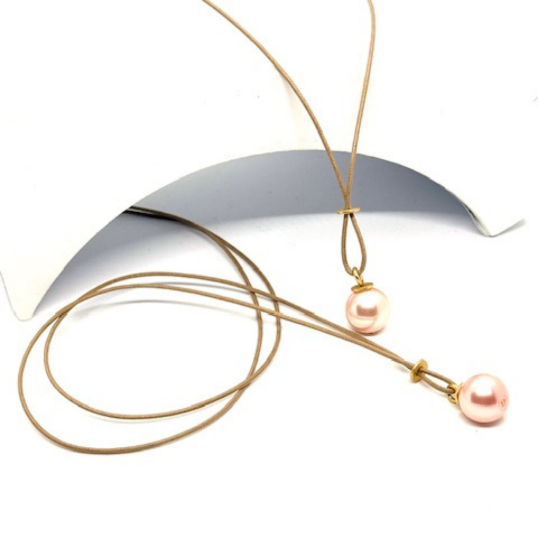 Long Natural Linen Cord Criss-Cross Style Necklace With Large Pink Pearl Pendant
