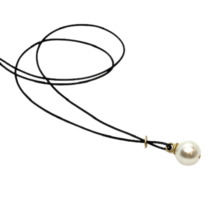 Long Black Linen Cord Criss-Cross Style Necklace With Large White Pearl Pendant