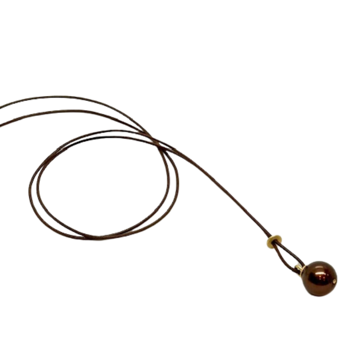 Long Chocolate Linen Cord Criss-Cross Style Necklace With Large Chocolate Pearl Pendant