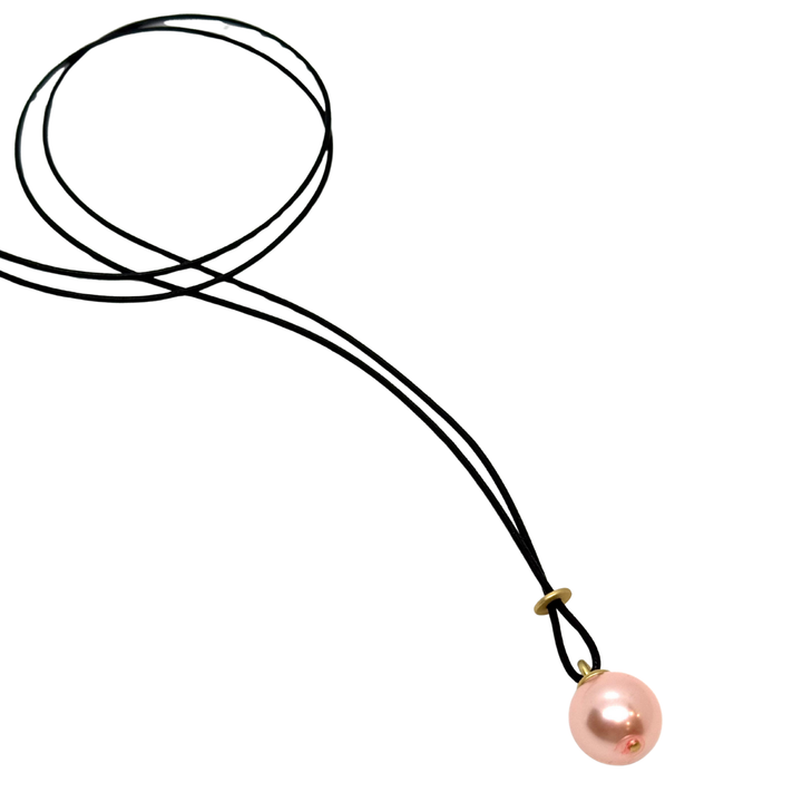 Long Black Linen Cord Criss-Cross Style Necklace With Large Pink Pearl Pendant