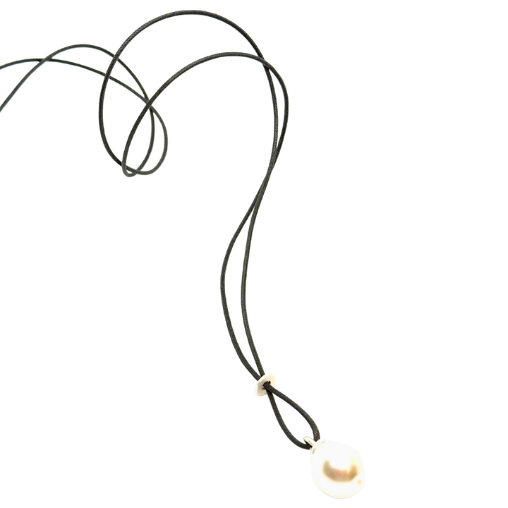 Long Grey Linen Cord Criss-Cross Style Necklace With Large White Pearl Pendant