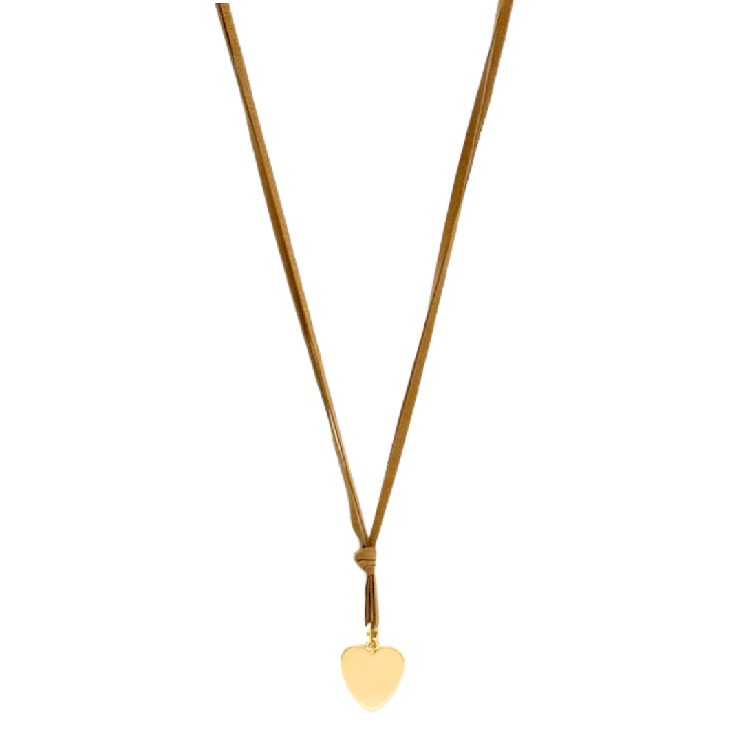 Long Bronze Suede With Heart Pendant Necklace