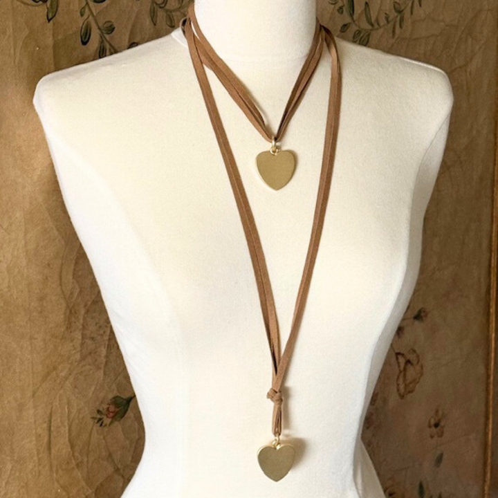 Long Chocolate Suede With Heart Pendant Necklace