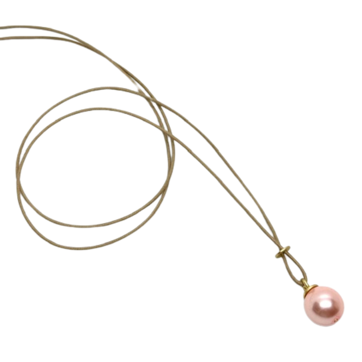 Long Natural Linen Cord Criss-Cross Style Necklace With Large Pink Pearl Pendant
