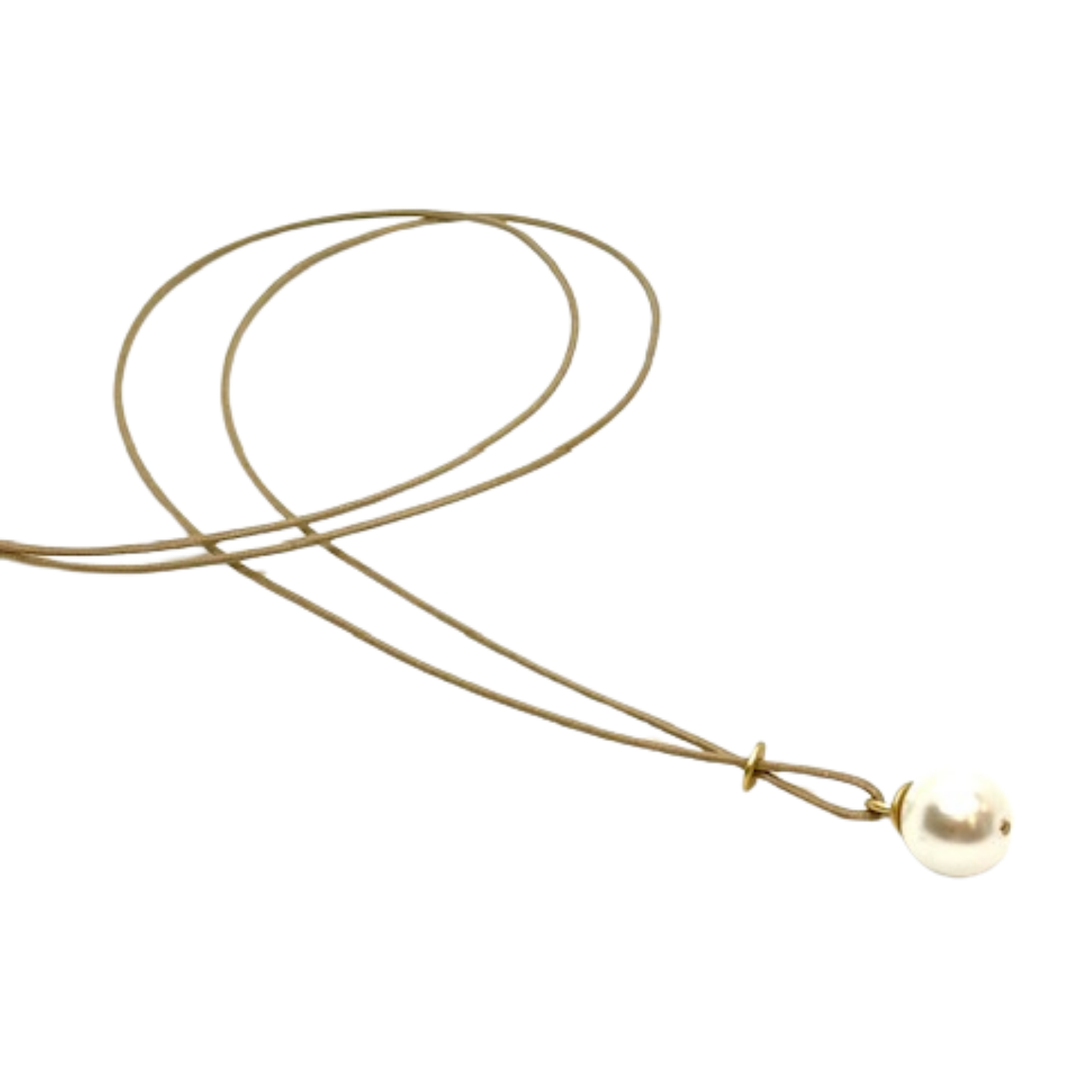 Long Natural Color Linen Cord Criss-Cross Style Necklace With Large White Pearl Pendant