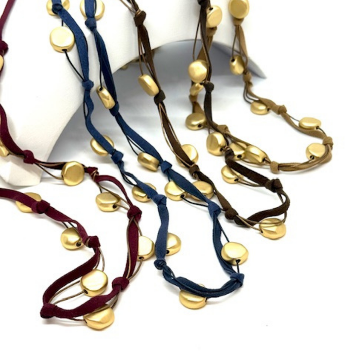 Matte Gold Beads On Bronze Suede And Leather Long Necklace