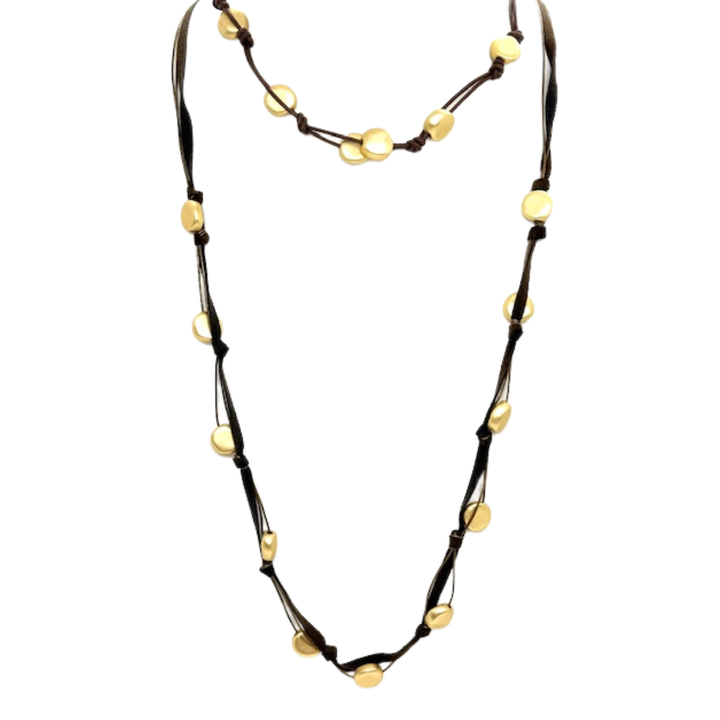 Matte Gold Beads On Chocolate Suede And Bronze Leather Long Necklace