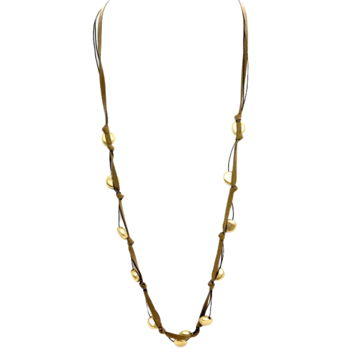 Matte Gold Beads On Bronze Suede And Leather Long Necklace