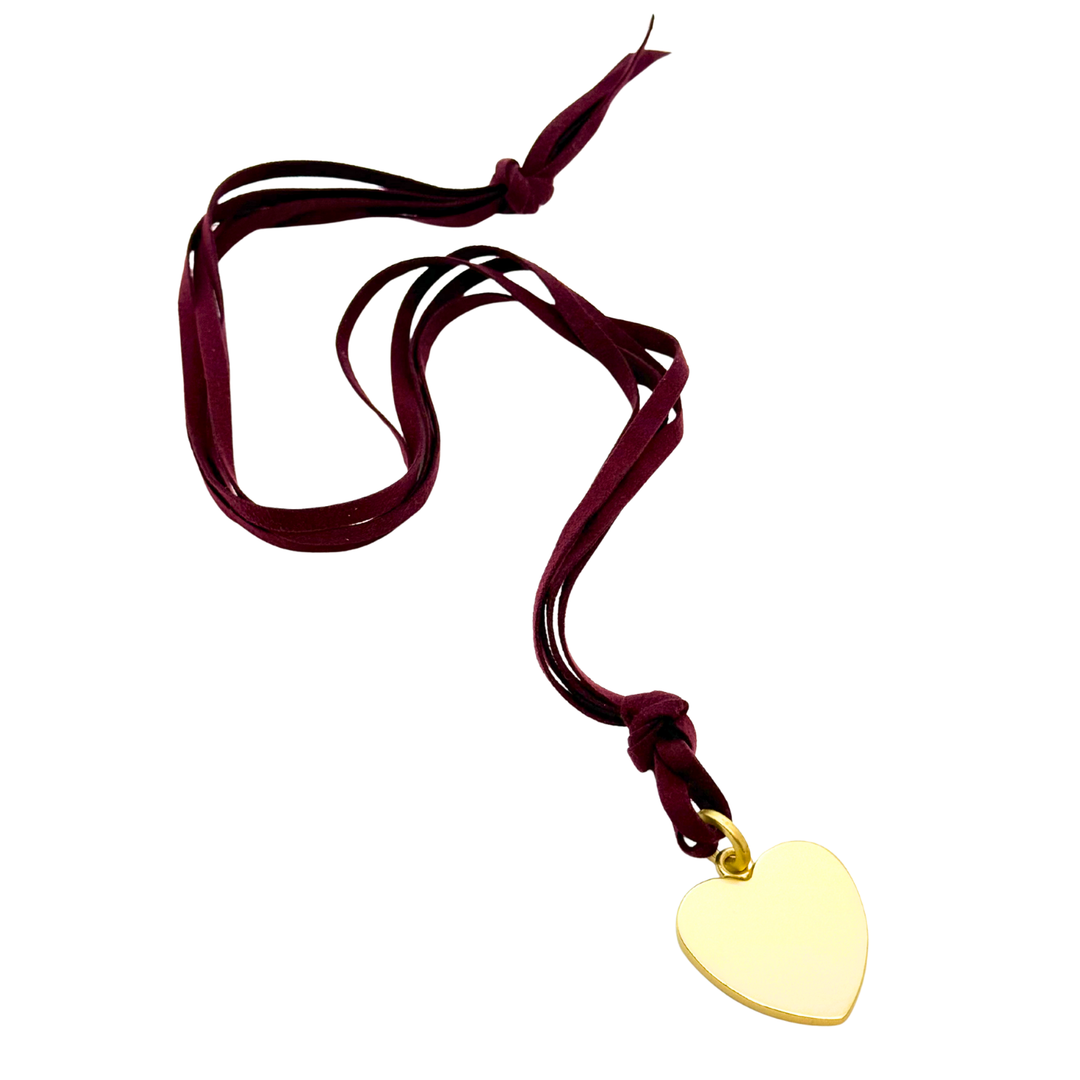 Long Burgundy Suede With Heart Pendant Necklace