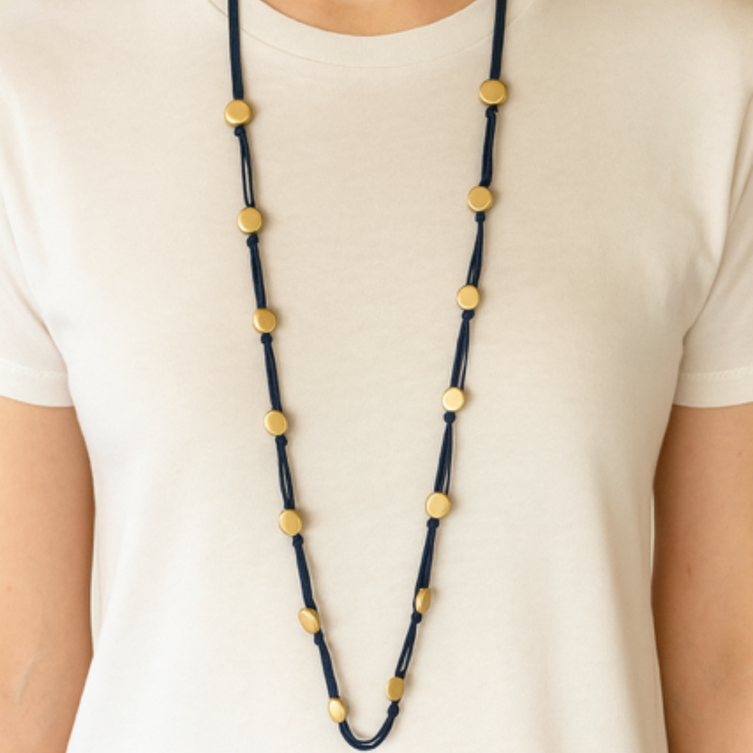Matte Gold Beads On Bronze Suede And Leather Long Necklace