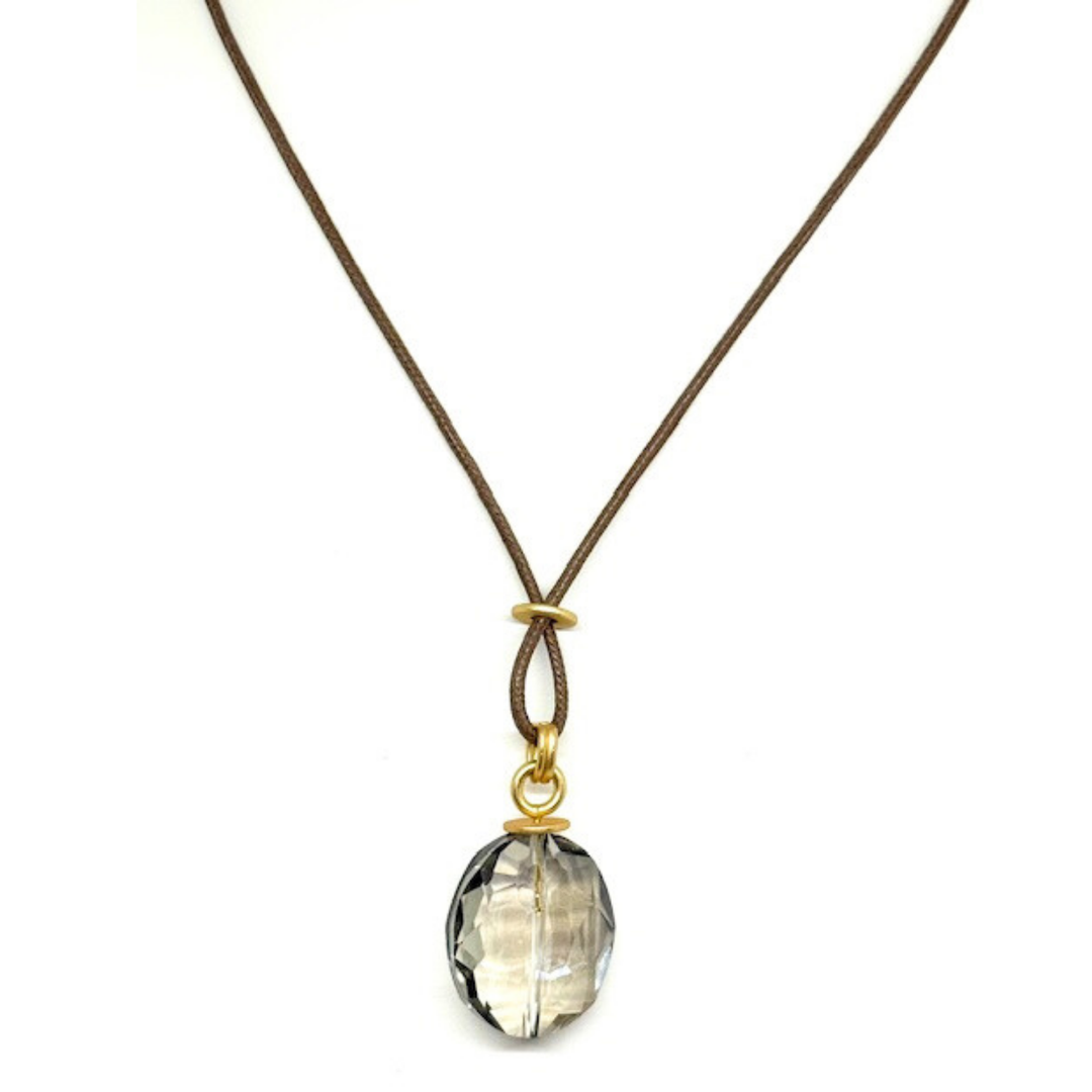 Large Smoke Topaz Oval Crystal on Chocolate Linen Necklace