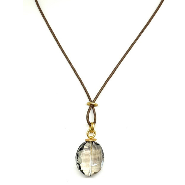 Large Smoke Topaz Oval Crystal on Chocolate Linen Necklace