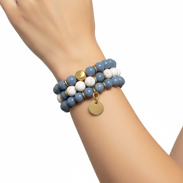 Blue Angelite Stretch Bracelet with Matte Gold Charm