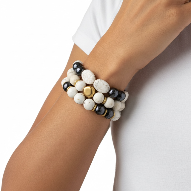 White Magnesite And Matte Gold Nugget Stretch Bracelet