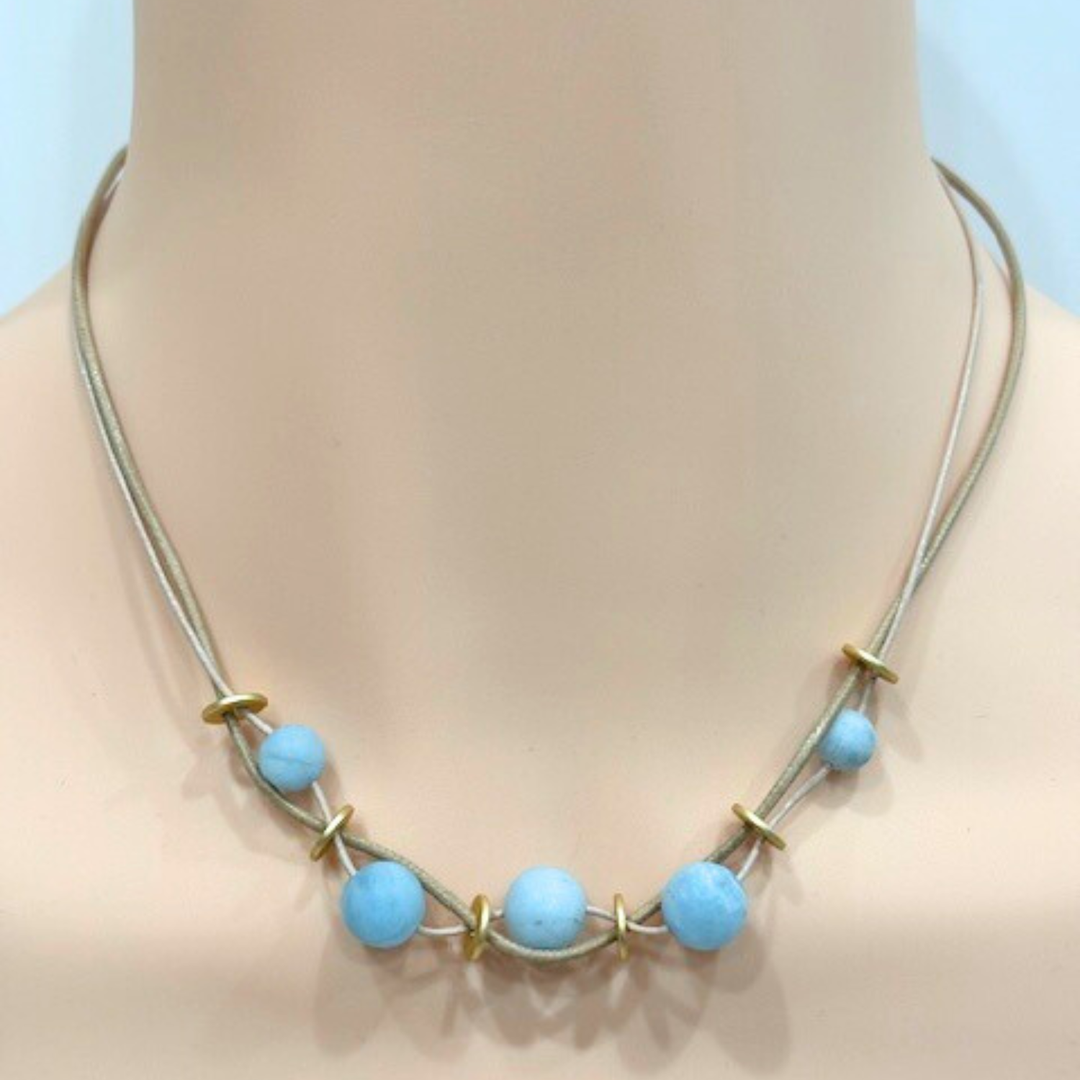 Matte Aquamarine and Matte Gold Disk Necklace