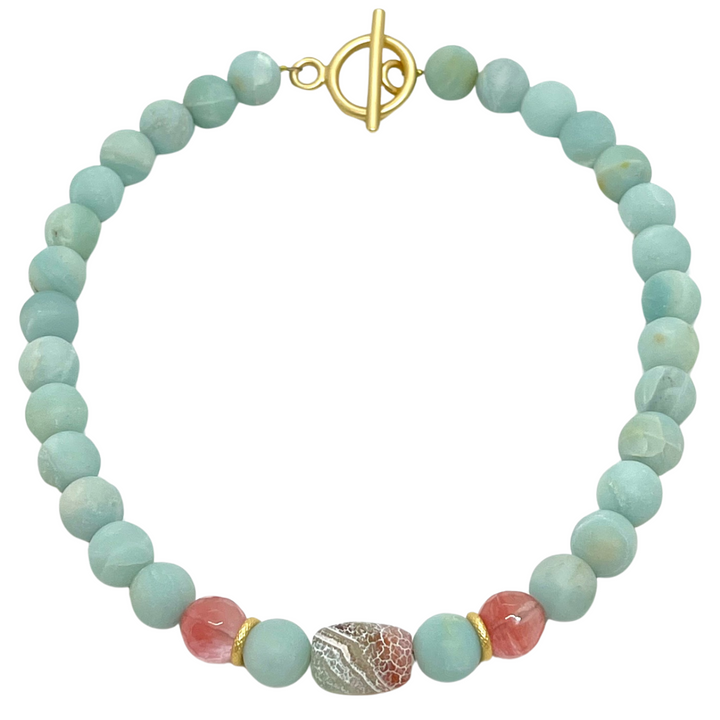 Watermelon Quartz and Amazonite, with Fire Agate Center Beaded Necklace