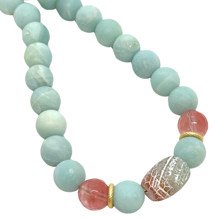 Watermelon Quartz and Amazonite, with Fire Agate Center Beaded Necklace