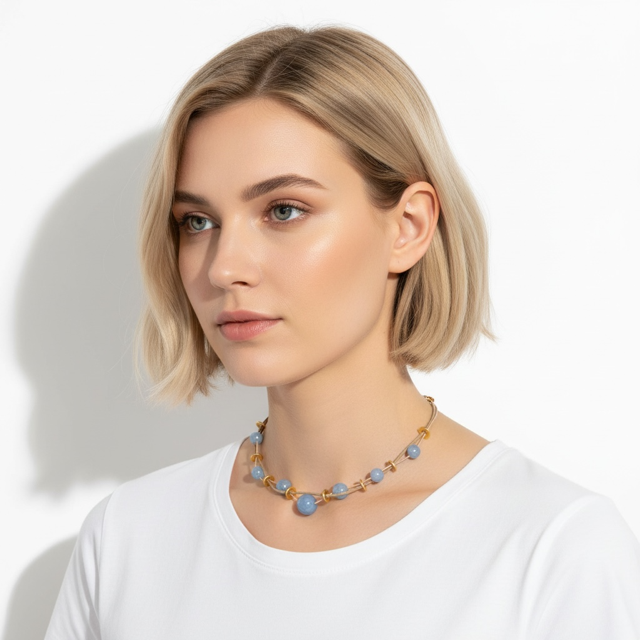 Blue Angelite and Matte Gold Disk Necklace