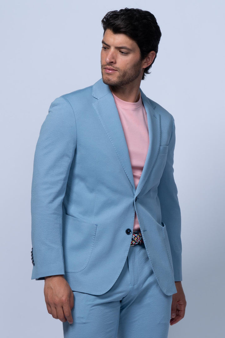 Meridian Light Blue Cotton Stretch Seersucker