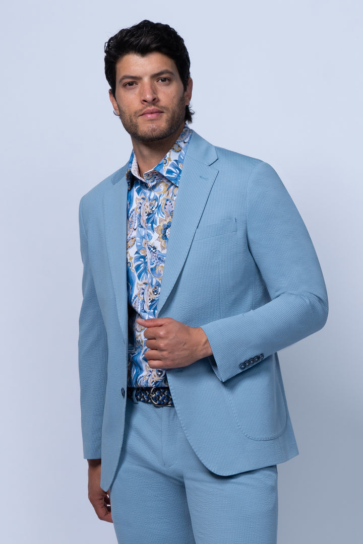 Meridian Light Blue Cotton Stretch Seersucker