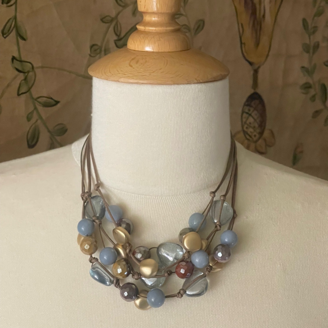 Blue Pressed Glass, Mookaite Gold Nugget  Taupe Bronze Leather Torsade Necklace
