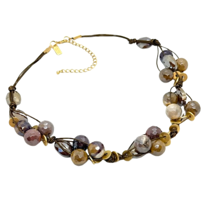 Taupe Velvet Crystal And Mookaite Woven Necklace