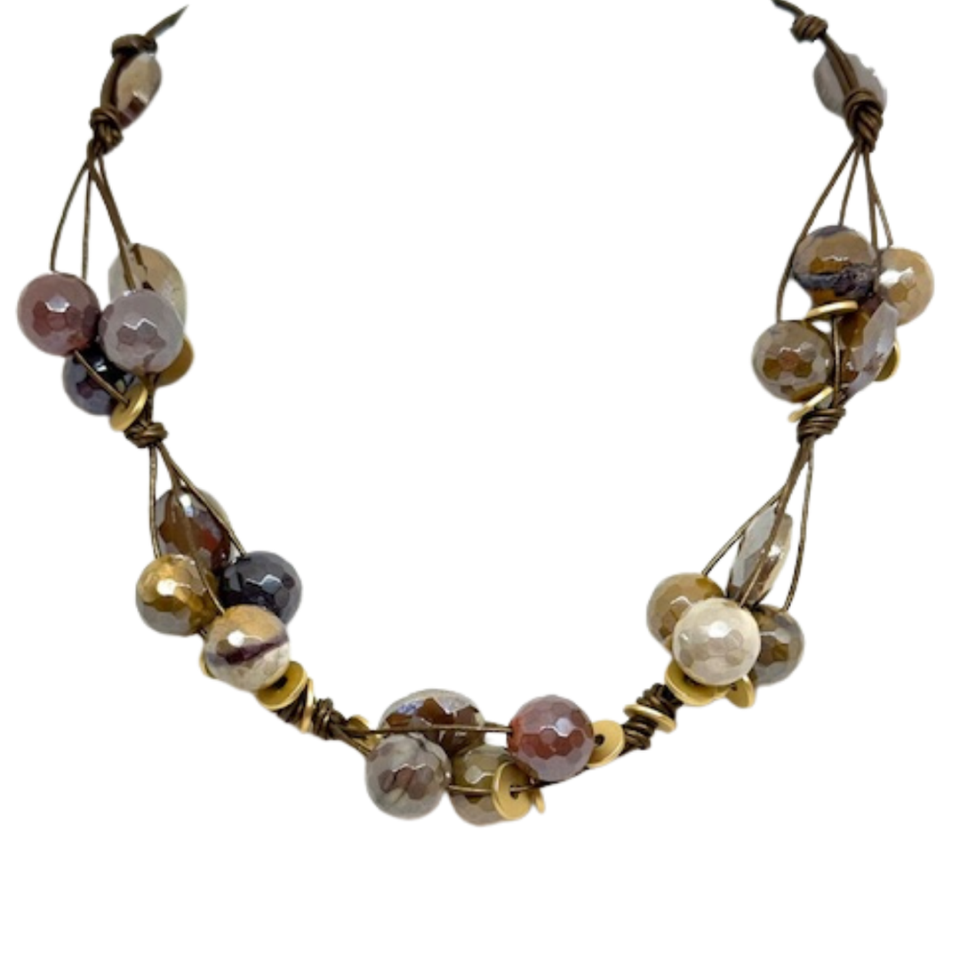 Taupe Velvet Crystal And Mookaite Woven Necklace