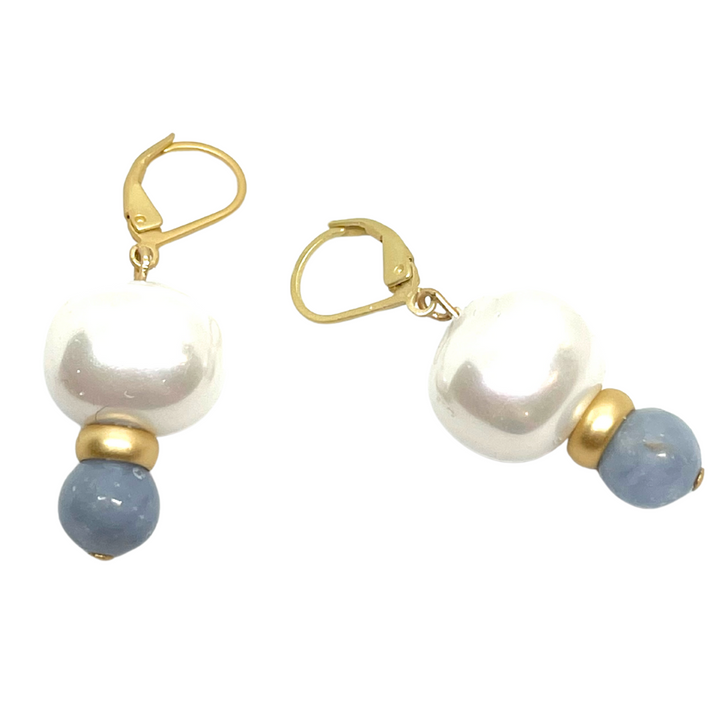 Mother of Pearl And Blue Angelite With Gold Ring Stack Earrings