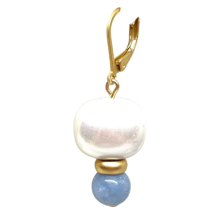 Mother of Pearl And Blue Angelite With Gold Ring Stack Earrings