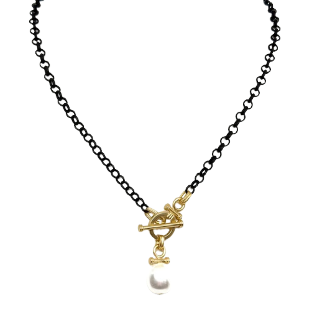 MOP On Black Rolo Chain And Matte Gold Toggle Closure