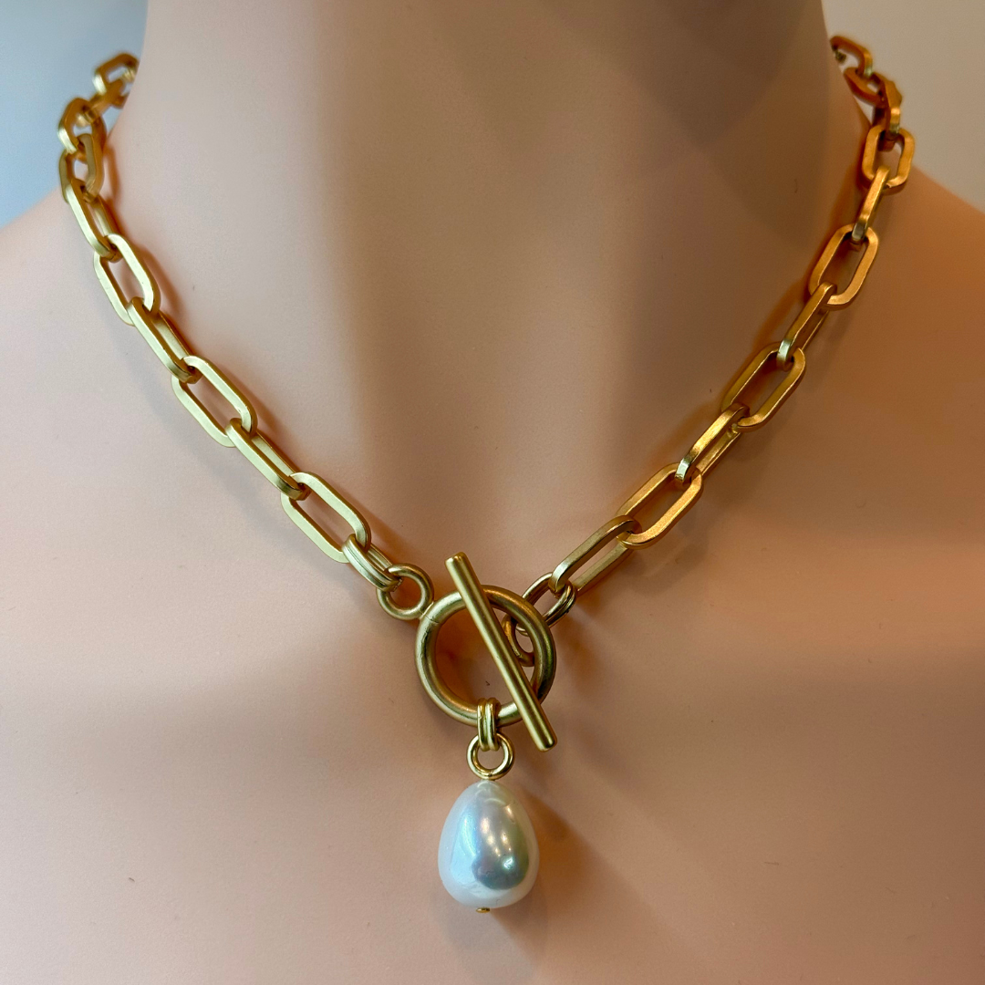 Teardrop Pearl Pendant On Matte Gold Chain