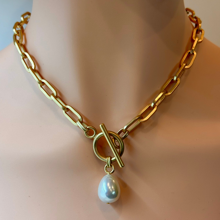 Teardrop Pearl Pendant On Matte Gold Chain