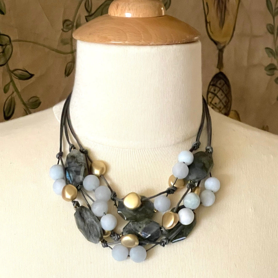 Natural Labradorite Hexagon and Matte Aquamarine Torsade